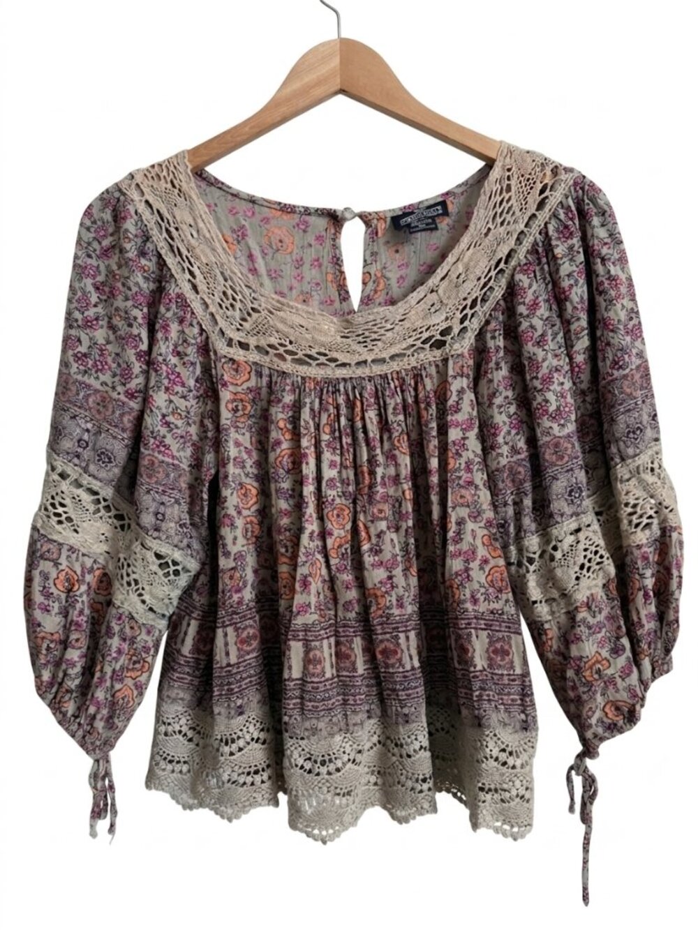 Boho Crochet Peasant Blouse Angie M Floral Rayon Balloon Sleeve Festival Tie Top